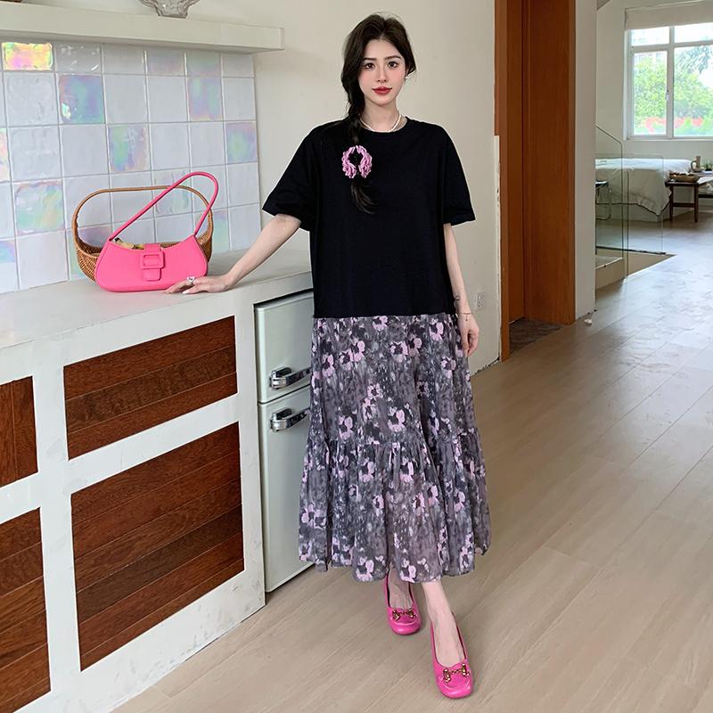 DIMANAF Женское лето 2025 Большой размер Повседневное с коротким рукавом Новое Оверсайз Плиссированное Кружевное С цветочным принтом Длинное Платье-рубашка Свободное Платье