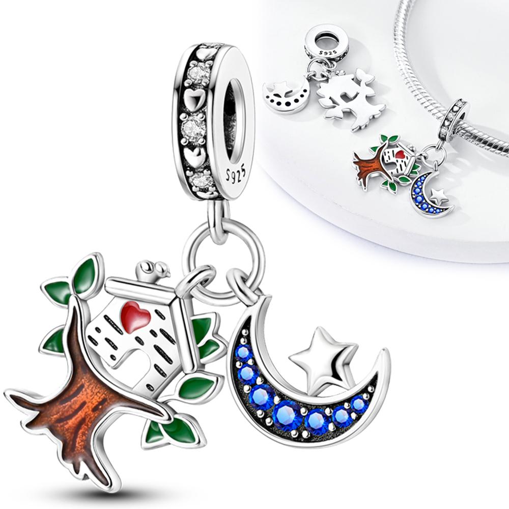 Original Charms Copper Tree House Moon And Star Beads Fit Charms Plata Bracelets For Women Women Jewelry Making Diy