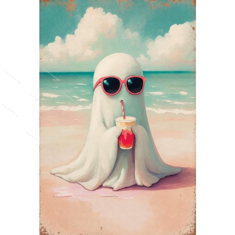 Coastal Beach Ghost Canvas Gallery Wall Prints Cute Summer Spooky Sunset Ocean Wall Art Bright Pastel Halloween Home Decor Gift