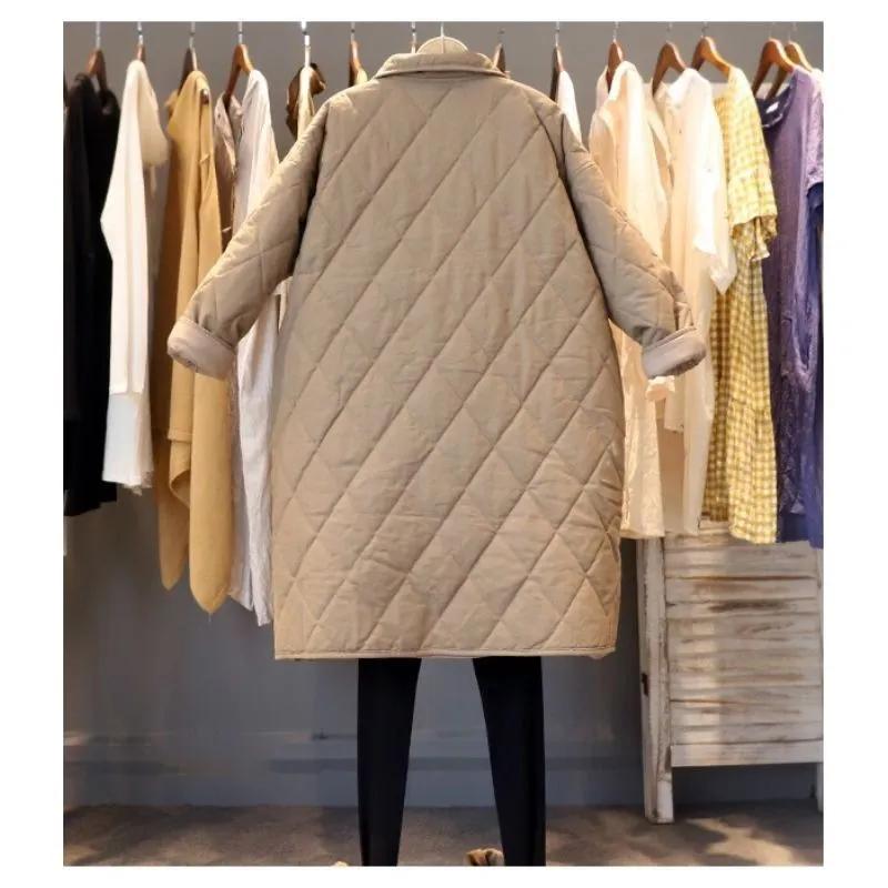 Women's Winter Literary Diamond-shaped Cotton Jacket Loose Leisure In The Long Section Thickened Warm Cotton Clothing