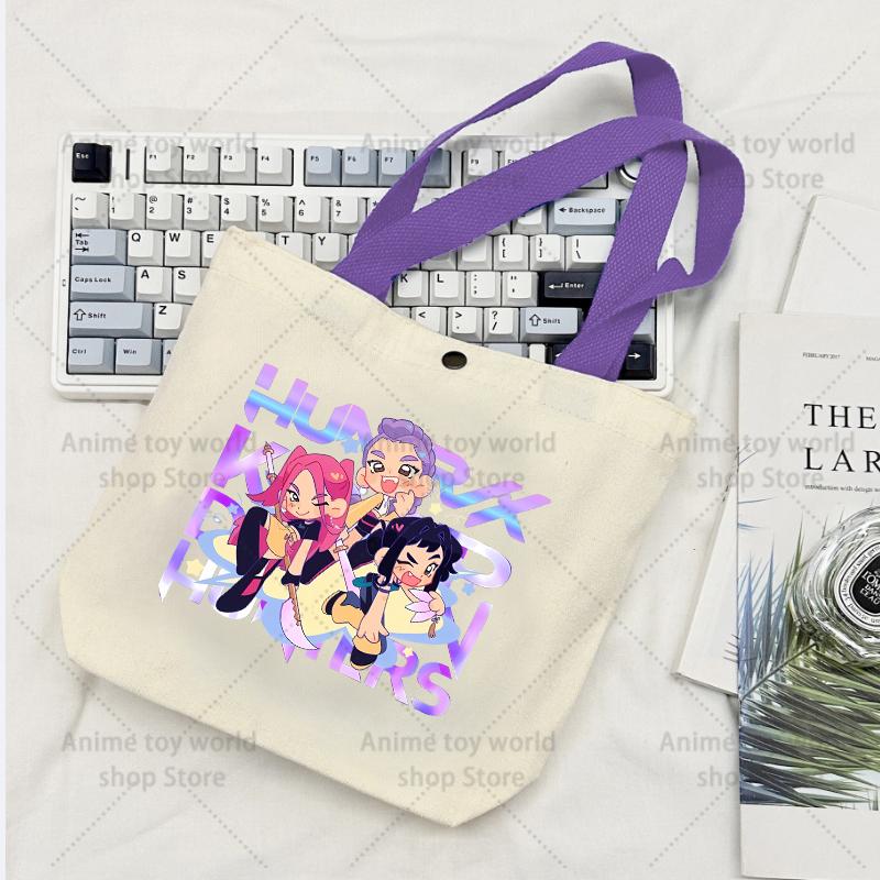 KPop Demon Hunters GIRLS Canvas Shopping Bags Women Cotton Tote Bags Reusable Cartoon Letter Shoulder Bag Grocery Handbag Beige