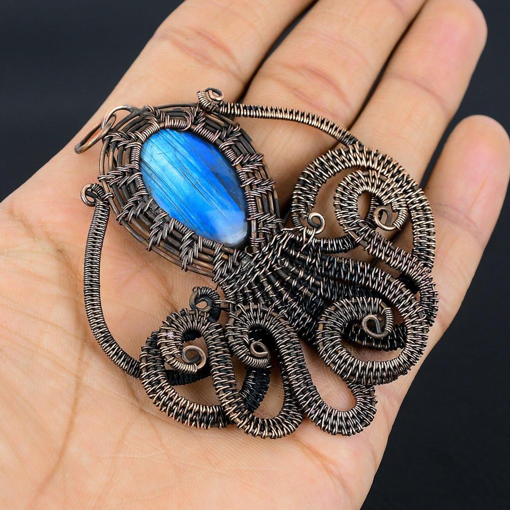 Labradorite Pendant, Handmade Gemstone 999 Copper Wire Wrapped Pendant Antique Jewelry, For Gift Silver Jewelry
