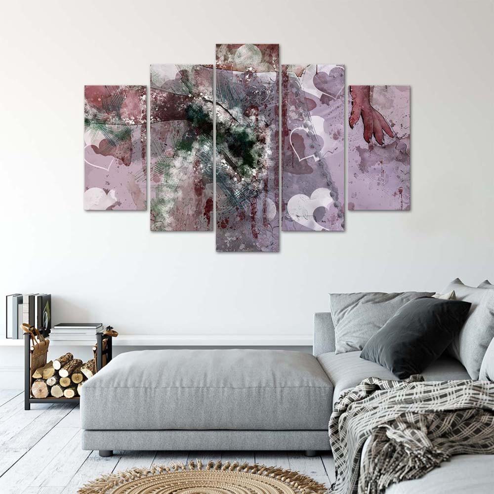 Five Piece Picture Canvas Print Abstract Heart Purple Purple