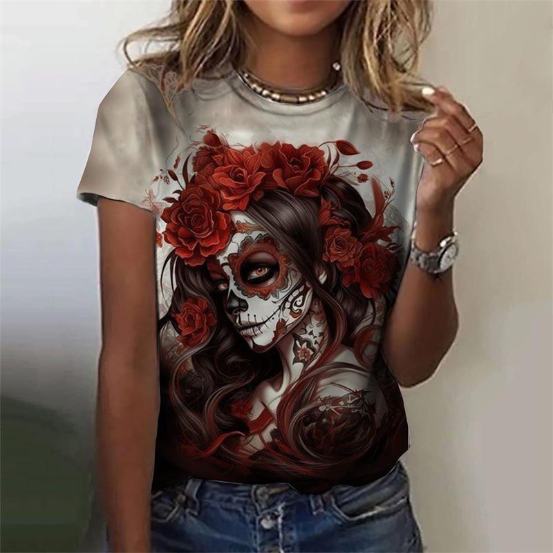 Футболка с рисунком черепа ужасов нежити для женщин, футболки с 3D-принтом для таинственной девушки, летние свободные топы с круглым вырезом, футболки с коротким рукавом