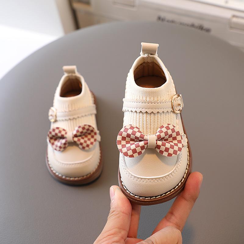 High Top Baby Girl Kintted Sock Shoes Houndstooth Buttefly-knot Toddler Boots for Kids Girls Elegant Newborn Autumn