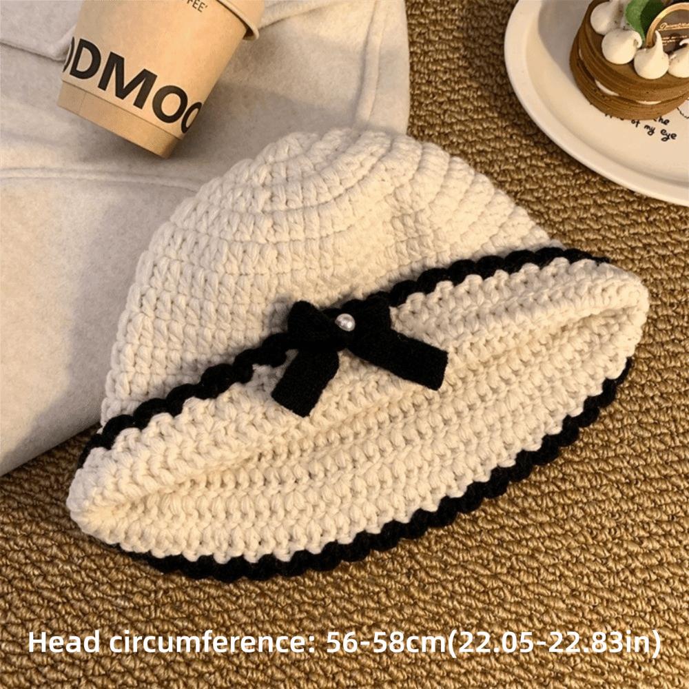 Hand-Knitted Bucket Hat 3D Bow Crochet Beanie Hat Elegant Knitted Basin Hat