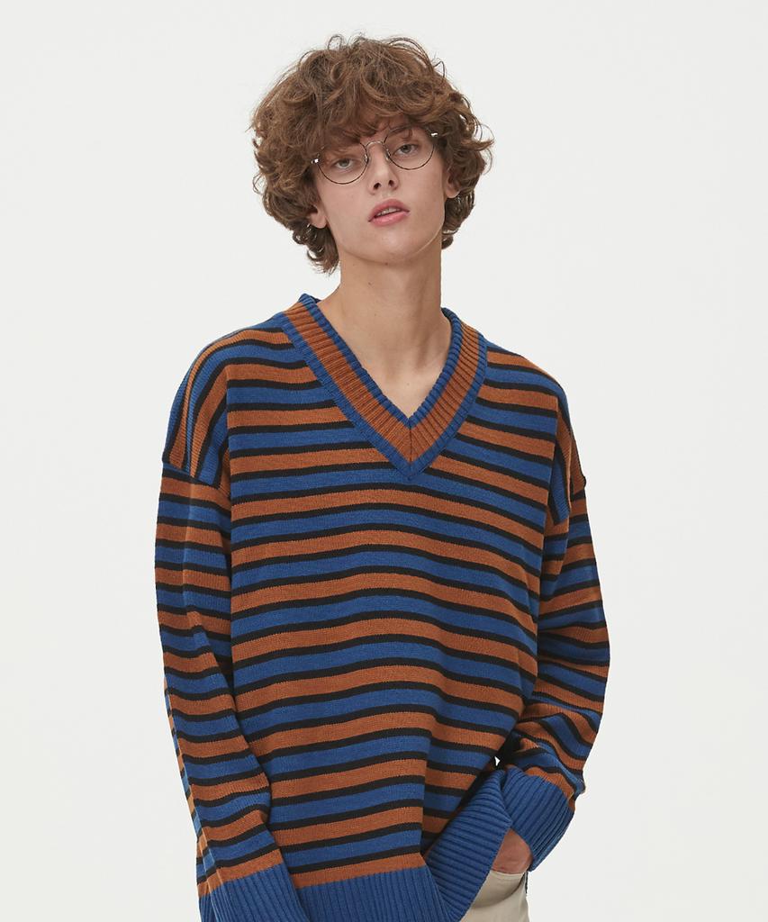 BLOND9 Striped V-Neck Knit_Blue