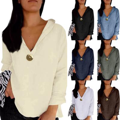 Женский однотонный свободный топ из хлопка и льна с V-образным вырезом, на пуговицах, с капюшоном и длинными рукавами, повседневный топ