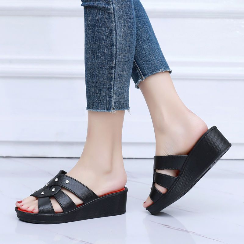 Women's High Heel Slippers Summer Wear Thick Bottom Fashion Home Non-Slip Mother Shoes Soft Bottom Social Wedge Women Sandals