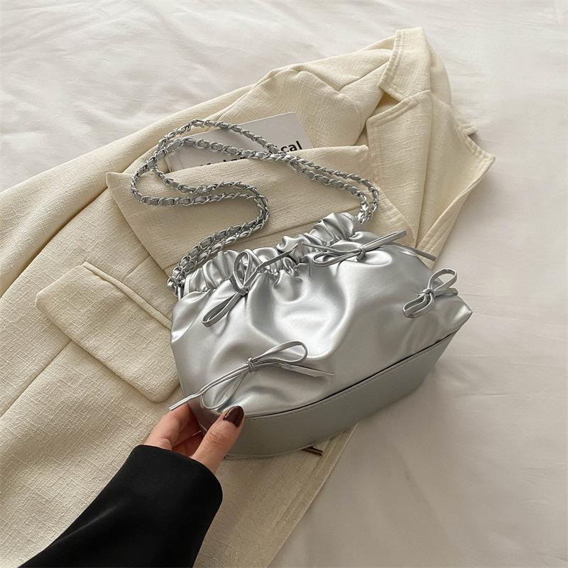 Trendy Ruched Faux Leather Bucket Bag for Women, Fashion Chain Shoulder Crossbody Hobo Purse, Casual Chic Handbag