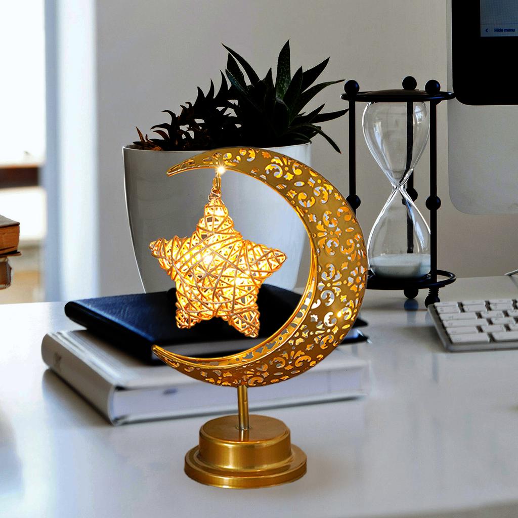 Metal Eid Moon Light Decorations Ramadan Ornament Mubarak Night Light Lamp Warm Light for Muslim Party Festival Islamic Indoor