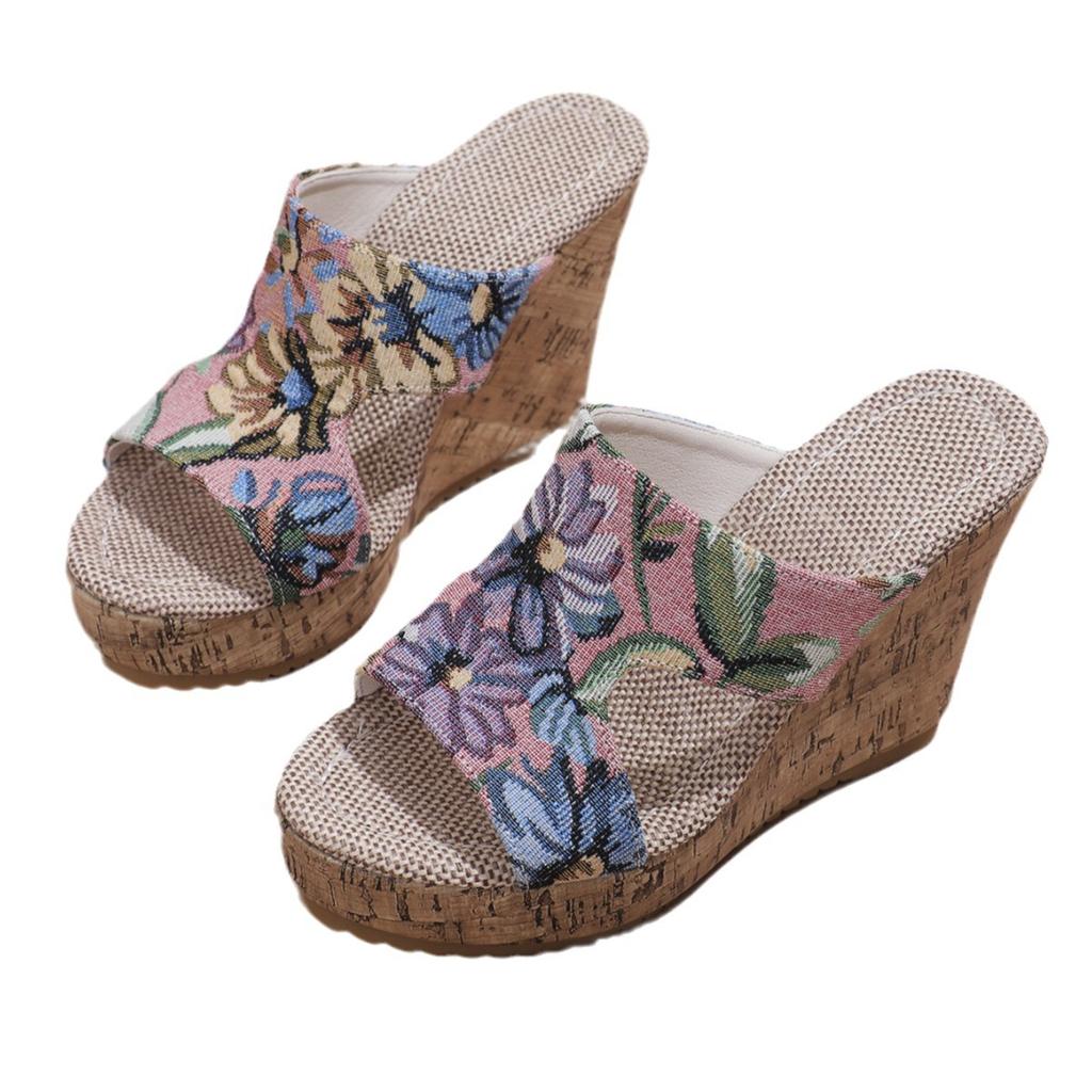 2024 Новые летние тапочки на платформе с вышивкой, ретро-тапочки с рыбьим ртом на высоком каблуке, сандалии на толстой подошве, модная женская обувь