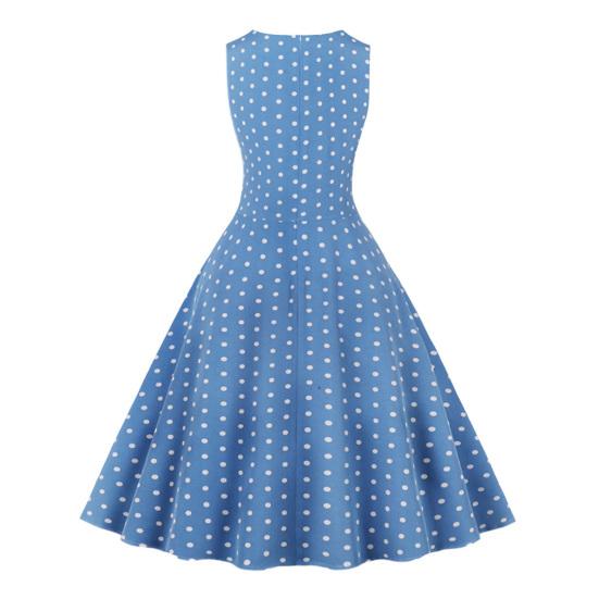 Women Party Dress Dot Print O Neck Sleeveless A-line Big Swing Tight Waist Retro Back Zipper Breathable Prom Banquet Summer Midi Dress