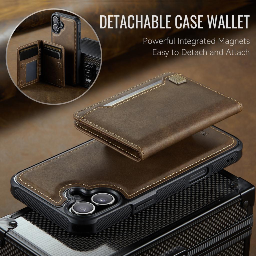 Чехол для iPhone 16 Plus AUTSPACE A13 Винтажная кожаная задняя крышка со съемным магнитным карманом для карт