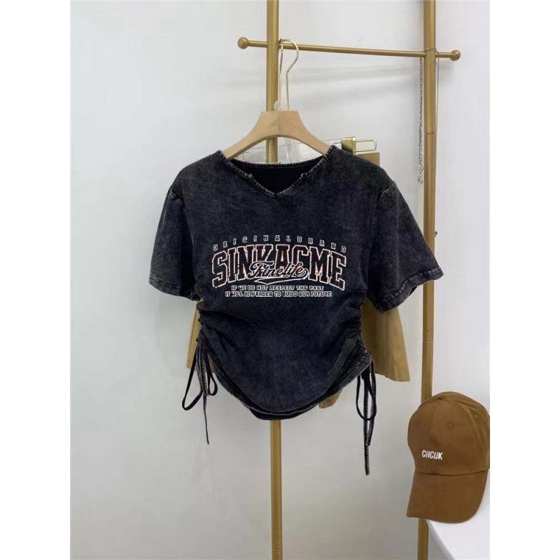 Женская футболка из чистого хлопка с коротким рукавом и принтом в стиле хай-стрит с эффектом потертости – Летняя коллекция 2025 года в национальном стиле