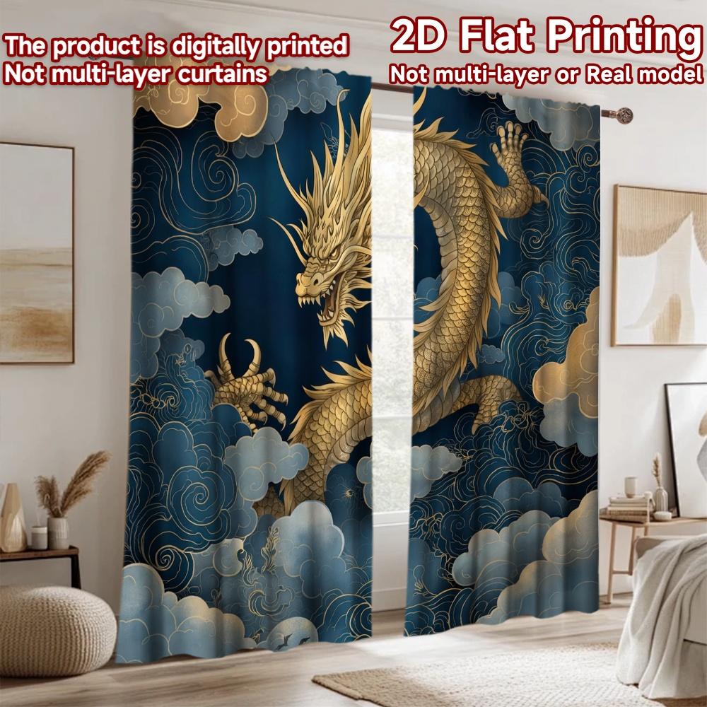 2D flat printing 2pcs Curtain Scene Curtains Golden Dragon in Clouds Digital Printed Polyester Drapes Festive Wall Decor Perfect