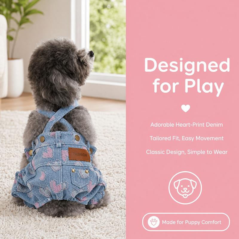 BXX Small Dog Denim Overalls With Cute Heart Print Pet Clothes For Teddy Bichon Shih Tzu Lightweight Daily Wear