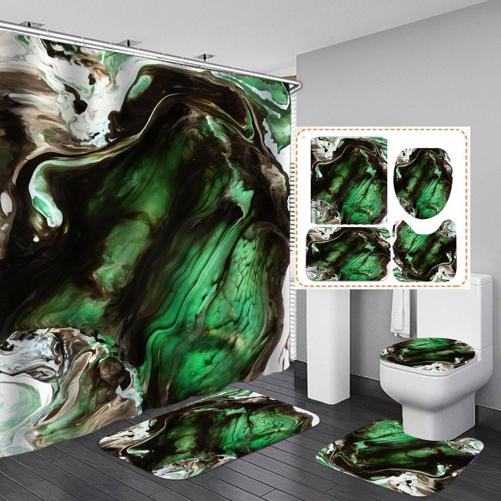 4Pcs Luxury Marble Shower Curtain Sets Bathroom Decor Sets with 12 Hooks Bath Mat Toilet Lid Rug and Non-Slip U Shape Mat