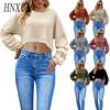 Autumn and Winter Women's Wear Is A Brushed Pit Striped Knitted Crop Top with Long Sleeves and Short T-shirts