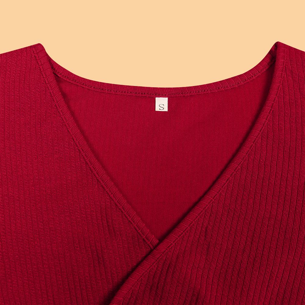 GMXIA Сплошной цвет с v-образным вырезом, осеннее и зимнее новое платье с тонким разрезом и длинными рукавами с талией