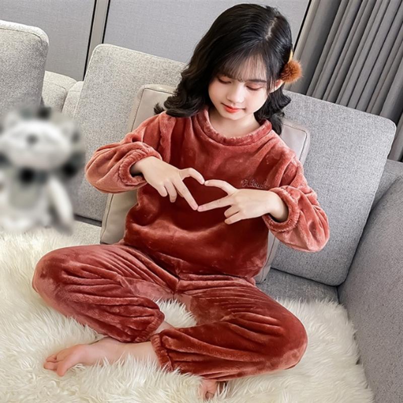 Детская домашняя одежда, детский пижамный комплект из двух частей, теплый домашний костюм цвета кораллового бархата