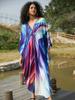 EDOLYNSA Blue Bohemian Relaxed Long Dress Kaftan Caftan Vacation Party House robe Bathing suit cover up Beach Wear Q1634