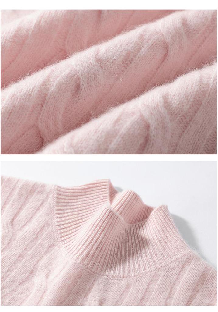 Women's Cashmere Cable Knit Sweater: Autumn/Winter Long Sleeve, Loose Fit, Half-High Neck, Thick and Warm Base Layer.