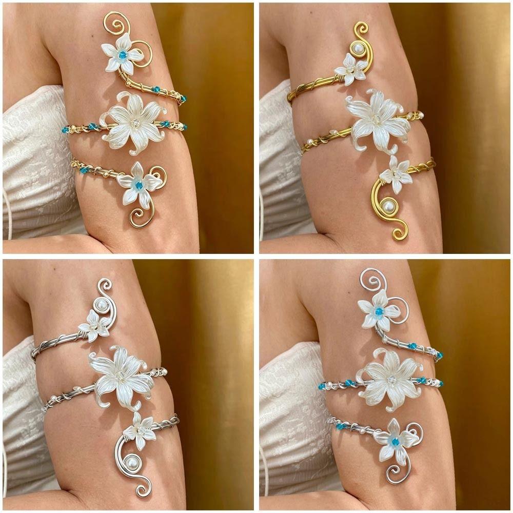 Gold Color Metal Floral Open Cuff Armlet Enamel Glaze Craft Spiral Arm Bracelet Vacation Style