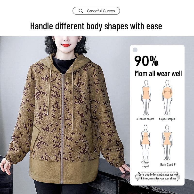 Plus Size Loose Print Hooded Sweatshirt for Mature Middle-Aged Women 2025 Spring/Summer Collection