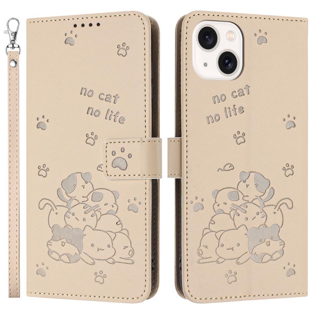 For iPhone 15 Case with Strap Cats Imprint Leather Wallet Phone Cover