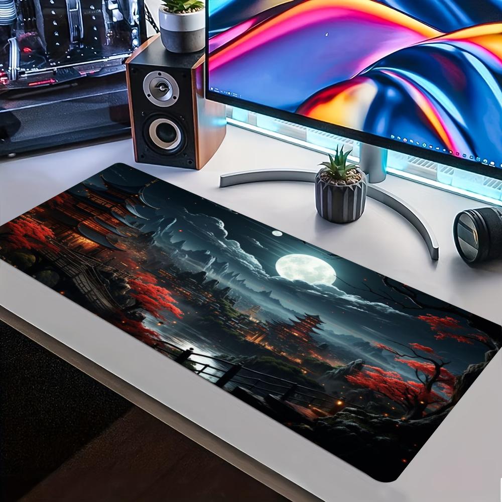 Dark Oriental Moon Pagoda Red Maple Large Extended Gaming Mouse Pad NonSlip Rubber Base For Pc Gamers Laptop Office Use