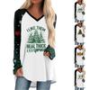 Women's Autumn And Winter Long Sleeved V-neck Christmas Printing Casual Long Loose T-shirt Top