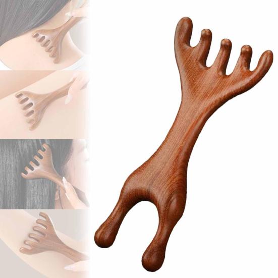 Шестизубый меридиональный массажный гребень с длинной ручкой, сандаловое дерево, массажер для кожи головы, оленьи рога, широкий зуб, массаж тела, скраб для тела Гуаша