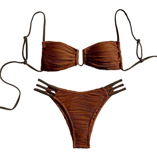 2Pcs/Set Women Bikini Set Sling Bandeau Padded Bra Wrinkle Texture Briefs Set Patchwork Color Split Swimsuit