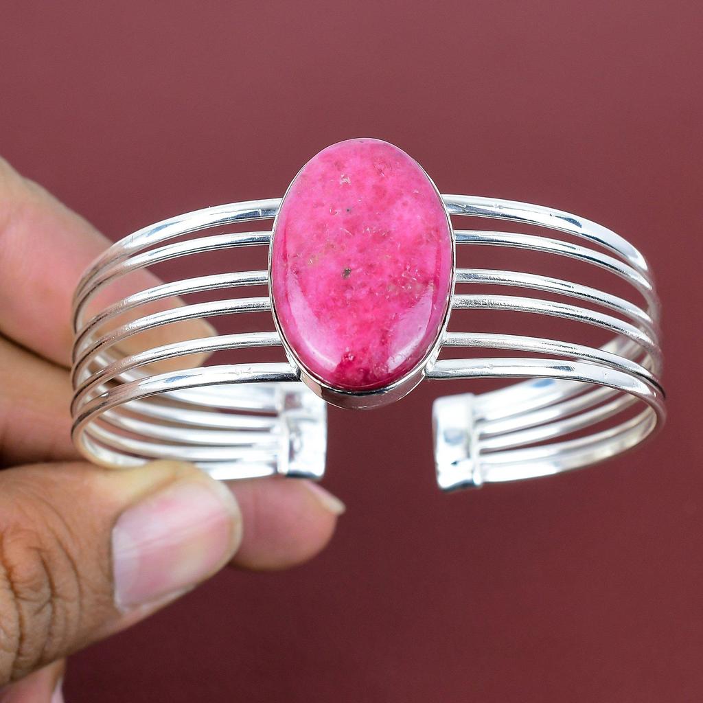 Браслет-кафф из родонита, драгоценный камень, ювелирное изделие ручной работы, манжета из стерлингового серебра 925 пробы, регулируемый браслет, очень красивое украшение из родонита, подарки для мамы