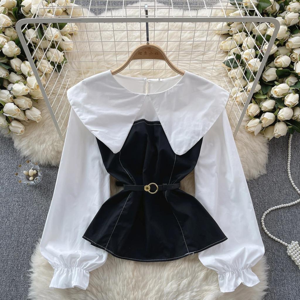 Korean Series Short Shirts for Women, Puff Sleeve Top, Large Lapel, Contrast Color, Patchwork, Early Spring Wear, New Fashion