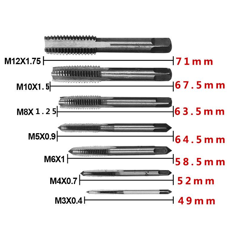 Taper Square Handle Straight Groove Tap Set: M3, M4, M5, M6, M8, M10, M12 (7 Pieces)