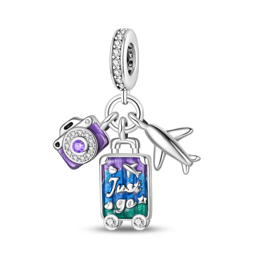 S925 Silver Travel Vacation Airplane Luggage Tag Pendant DIY  Beaded Charm Accessory