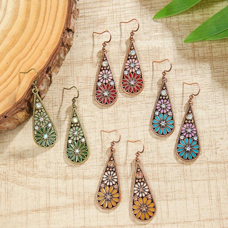 Fashion Ethnic Boho Enamel Flower Long Drop Dangle Earrings For Women Rhinestone Geometric Waterdrop Vintage Wedding Jewelry