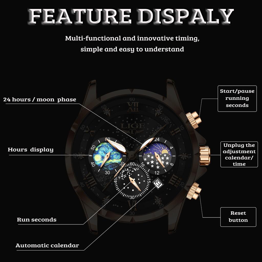 LIGE Новые модные мужские часы, роскошные деловые кожаные мужские часы со звездным небом, кварцевые часы с ночным светом, водонепроницаемые наручные часы, автоматические часы с кодом даты и времени
