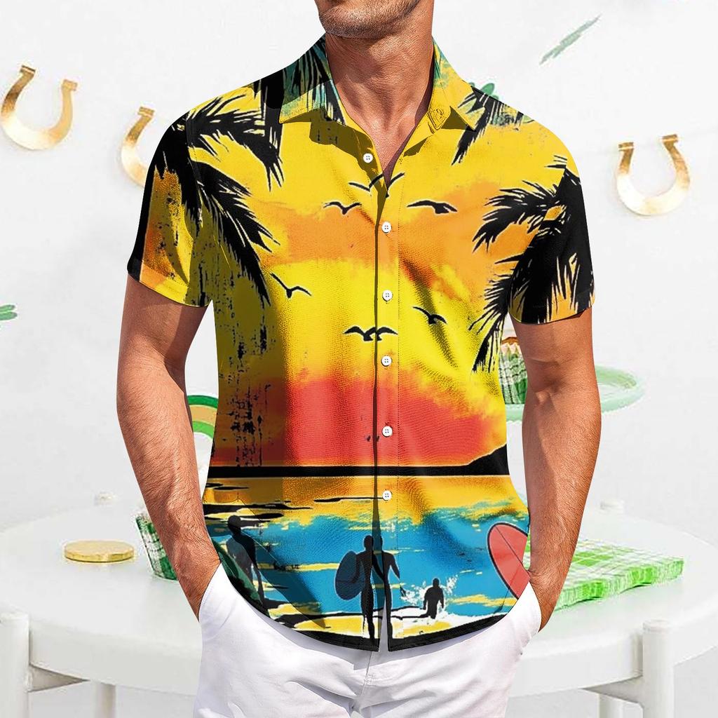 Мужская повседневная рубашка с короткими рукавами, облегающая, стильная, с гавайским принтом