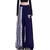 Sweet Cool Lace Hidden Blue Striped Sports Casual Pants WomenHigh Waist Loose Straight Floor Pants