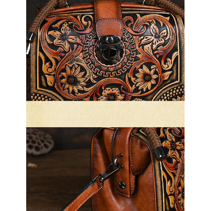 Vintage Luxury Handbag Handmade Leather Carved Women Bag Versatile Female Shoulder & Crossbody Bags