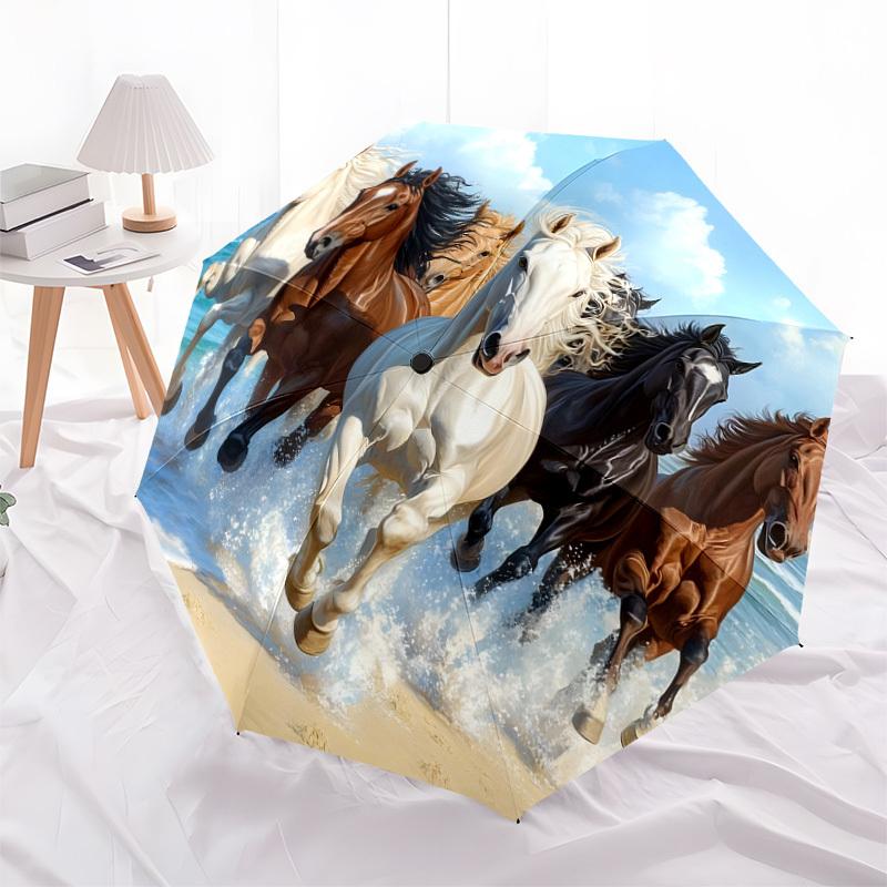 1pc running horses on the beach Umbrella with Plastic Handle,Suitable for All Seasons Home Travel Outdoor UmbrellaDD1632