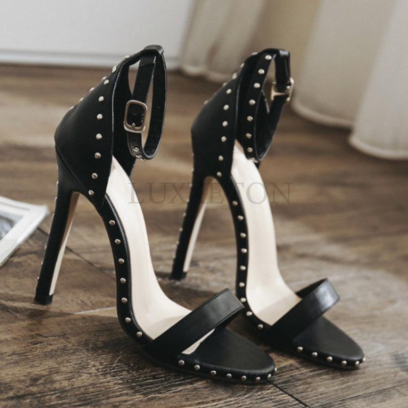 Женские босоножки на высоком каблуке, летние, тонкий каблук, искусственная кожа, заклепки, открытый носок, сексуальные туфли для вечеринок, Sandalia Feminina Zapatos Mujer