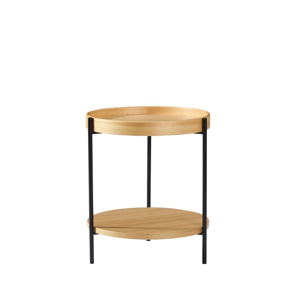 Coffee table with 2-tier tray design, round, solid wood & metal, in 3 colors: Ash Natural / Walnut / Black, combinable with side table (44x44x48 cm)