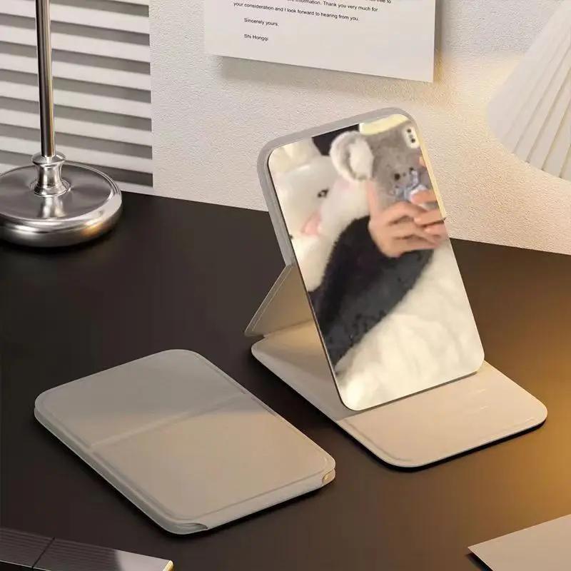1pc Elegant Folding Mini Makeup Mirror with PU Stand, Portable Glass Cosmetic Mirror, Hand Washable, for Dorm and Desktop Use