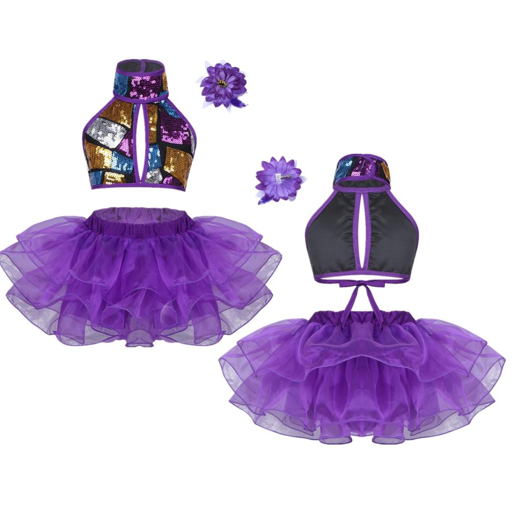 Kids Girls Sequins Ballet Tutu Dress Set Halter Ballroom Lyrical Jazz Dance Costumes Stage Performance Dancing Skirt Outfit
