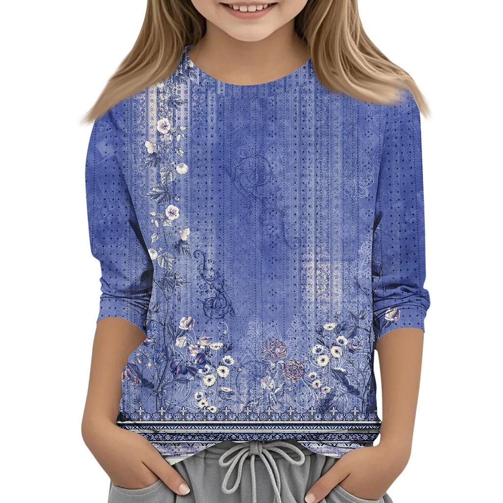 Топы с принтом для девочек 5-16 лет с круглым вырезом и рукавами 3/4 Футболки Модные топы Наряды Футболки