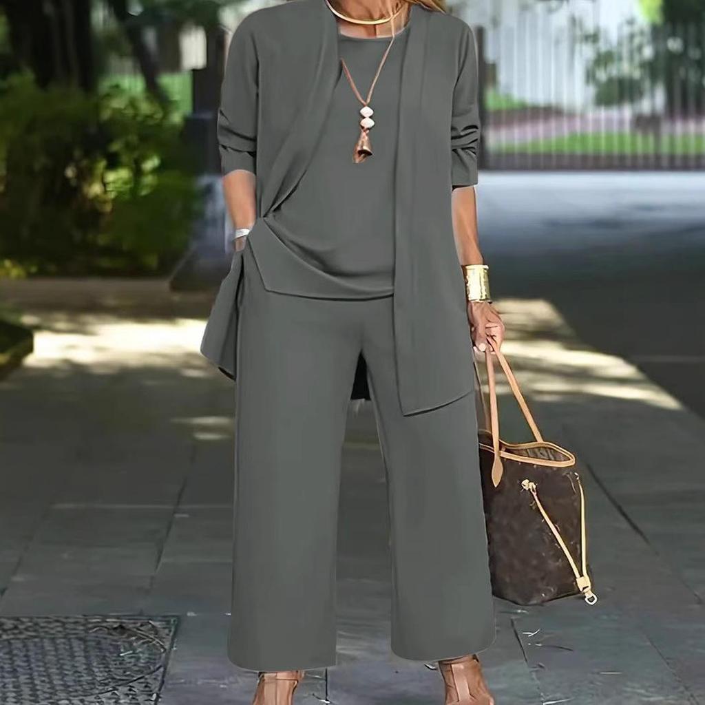 Европейско-американский повседневный осенне-зимний однотонный комплект-тройка: Длинные брюки, кардиган с длинным рукавом и жилет для женщин